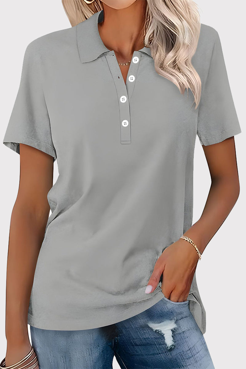 Casual Simplicity Solid Buckle Turndown Collar T-Shirts Grey