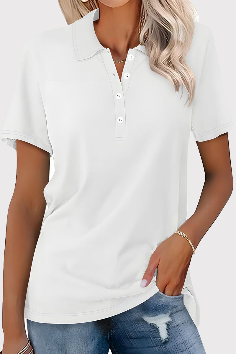 Casual Simplicity Solid Buckle Turndown Collar T-Shirts White