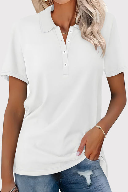 Casual Simplicity Solid Buckle Turndown Collar T-Shirts White