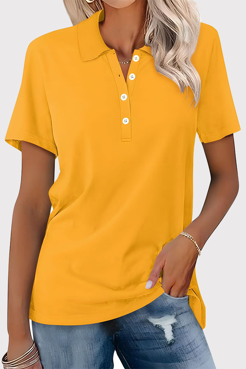 Casual Simplicity Solid Buckle Turndown Collar T-Shirts Yellow