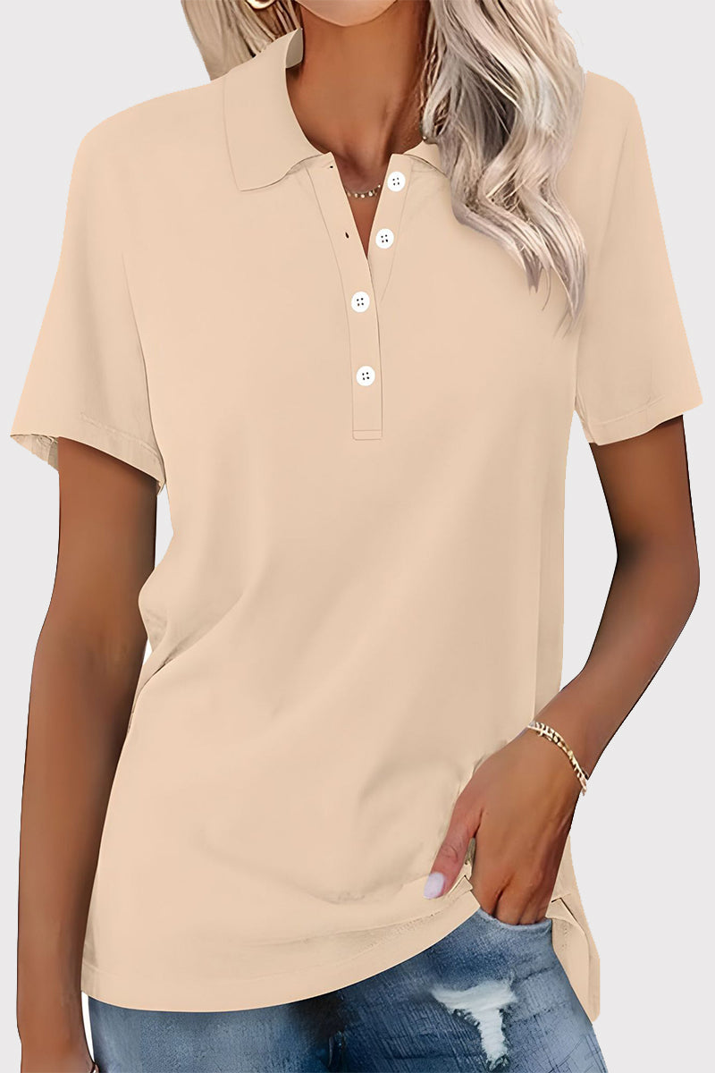 Casual Simplicity Solid Buckle Turndown Collar T-Shirts Apricot