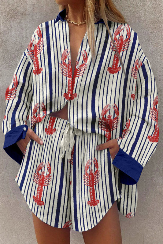 Casual Vintage Geometric Print Draw String Pocket Turndown Collar Long Sleeve Two Pieces Blue Stripe