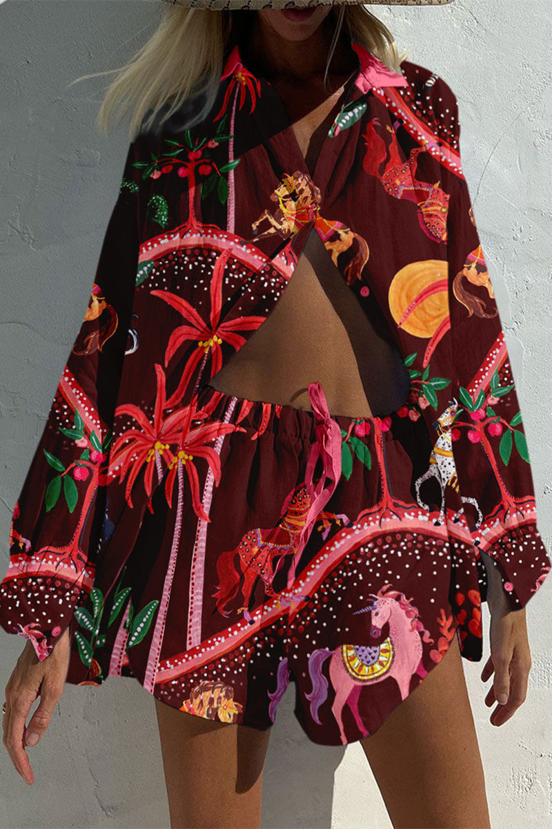 Casual Vintage Geometric Print Draw String Pocket Turndown Collar Long Sleeve Two Pieces Red