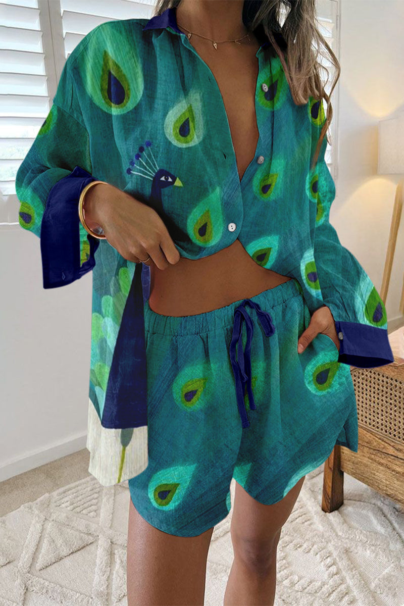 Casual Vintage Geometric Print Draw String Pocket Turndown Collar Long Sleeve Two Pieces Green