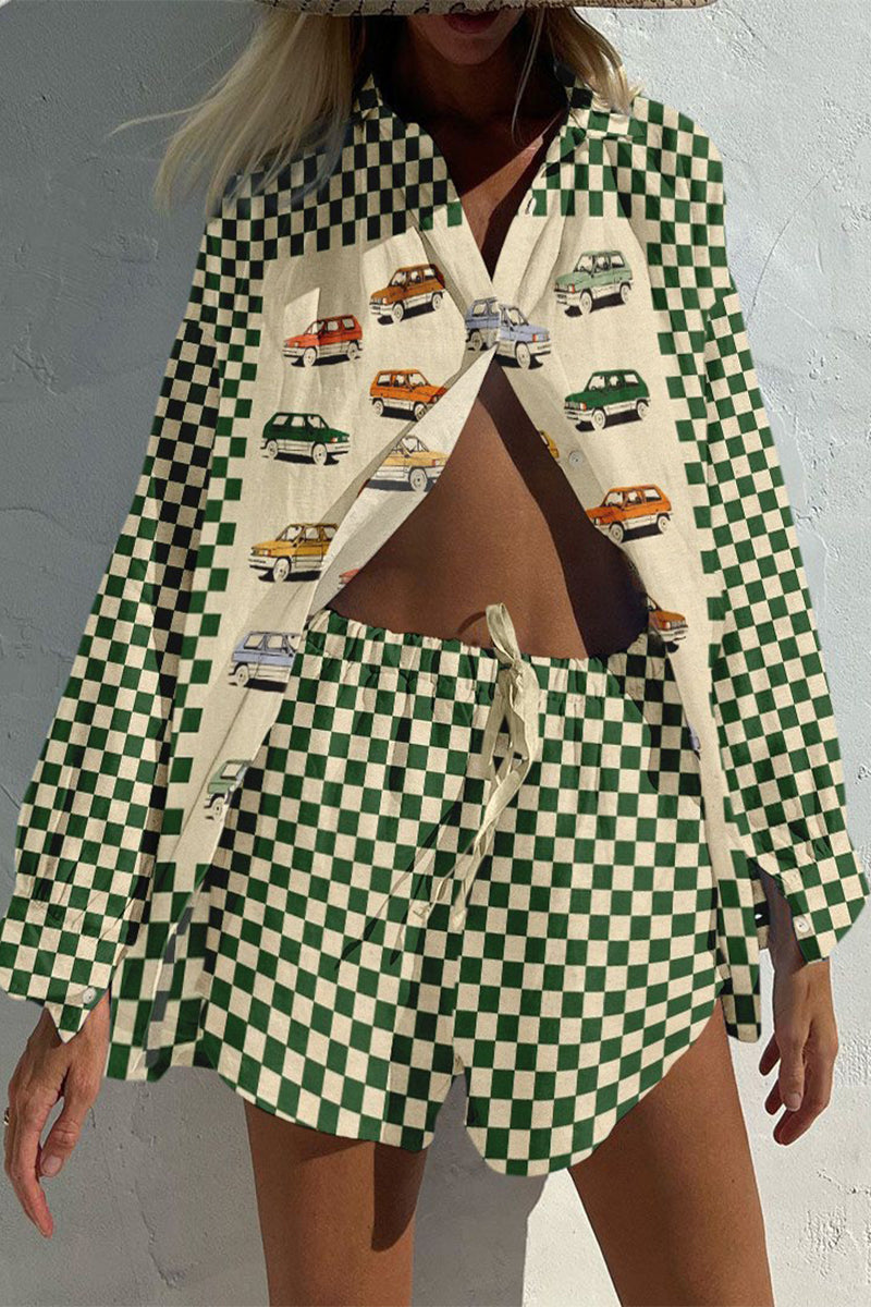 Casual Vintage Geometric Print Draw String Pocket Turndown Collar Long Sleeve Two Pieces Green Apricot