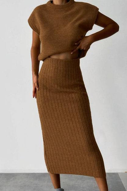 Elegant Solid Patchwork Half A Turtleneck Sleeveless Two Pieces Camel