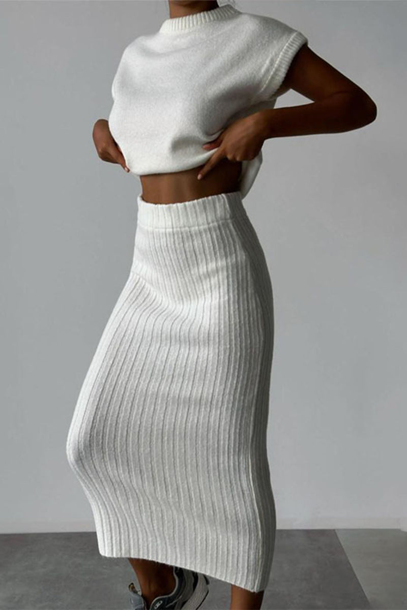 Elegant Solid Patchwork Half A Turtleneck Sleeveless Two Pieces White