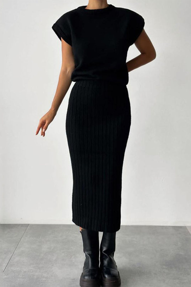 Elegant Solid Patchwork Half A Turtleneck Sleeveless Two Pieces Black