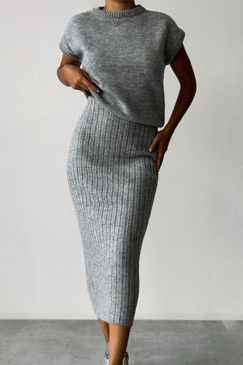 Elegant Solid Patchwork Half A Turtleneck Sleeveless Two Pieces Grey