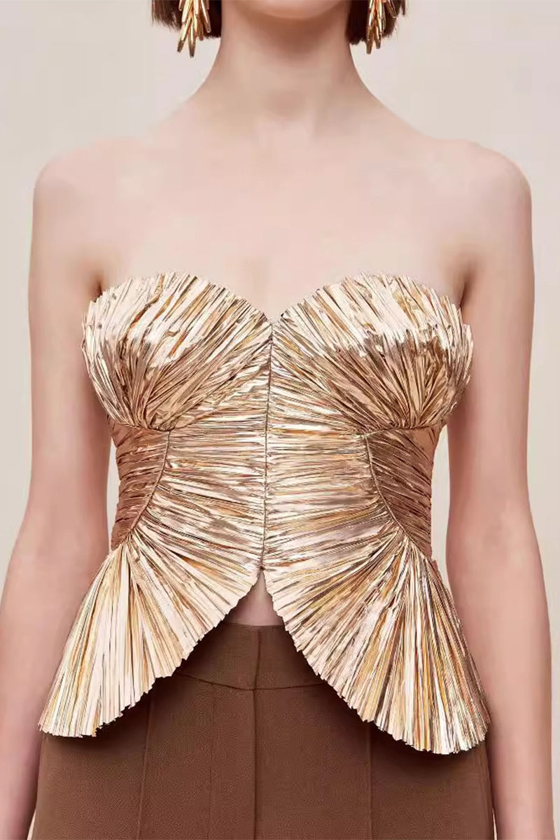 Sexy Solid Fold Zipper Strapless Tops Gold