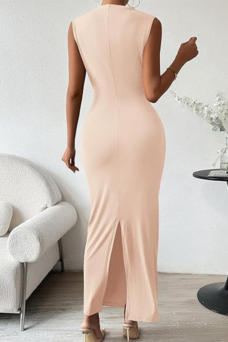 Sexy Simplicity Solid Fold O Neck One Step Skirt Dresses