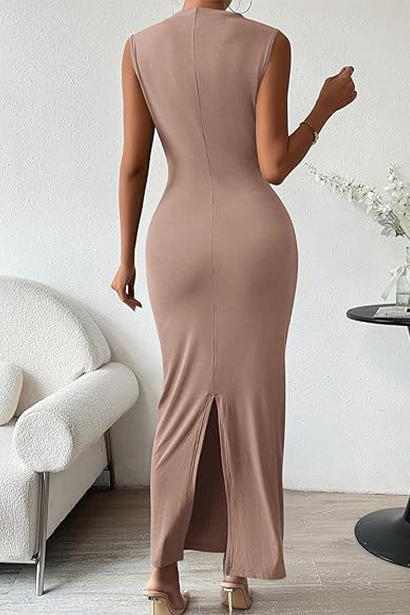 Sexy Simplicity Solid Fold O Neck One Step Skirt Dresses