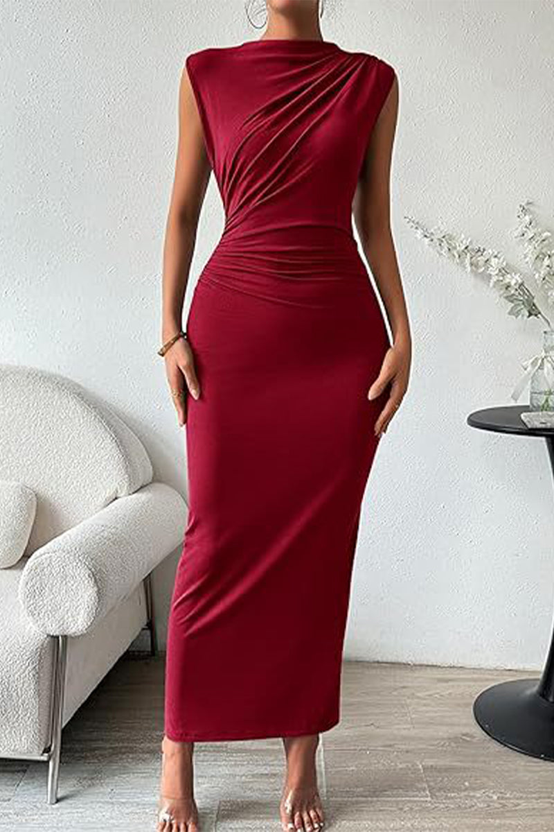 Sexy Simplicity Solid Fold O Neck One Step Skirt Dresses