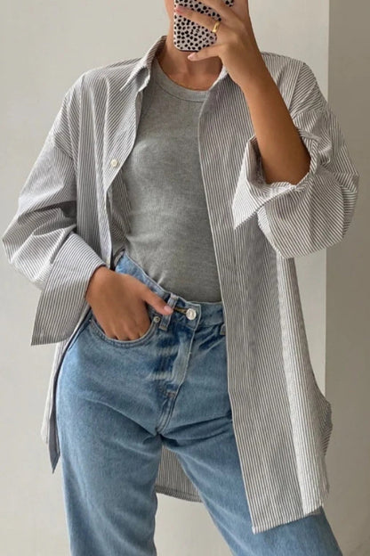 Casual Striped Patchwork Turndown Collar Tops Light Gray