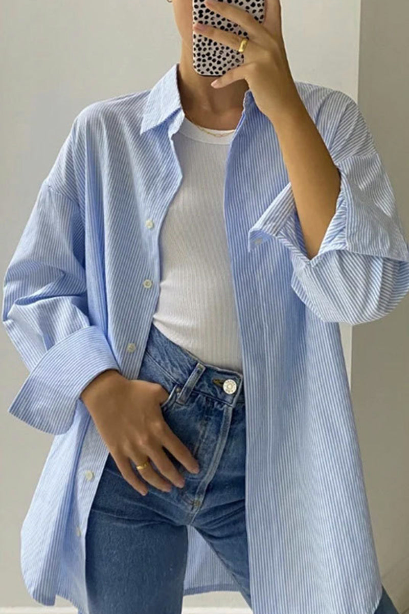 Casual Striped Patchwork Turndown Collar Tops Blue