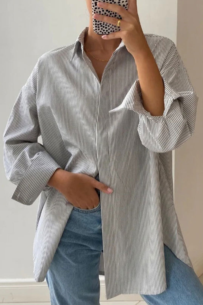 Casual Striped Patchwork Turndown Collar Tops