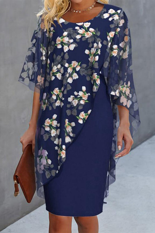 Elegant College Floral Flounce Asymmetrical O Neck Half Sleeve Two Pieces Blue