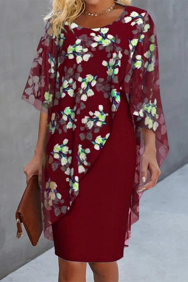 Elegant College Floral Flounce Asymmetrical O Neck Half Sleeve Two Pieces Burgundy