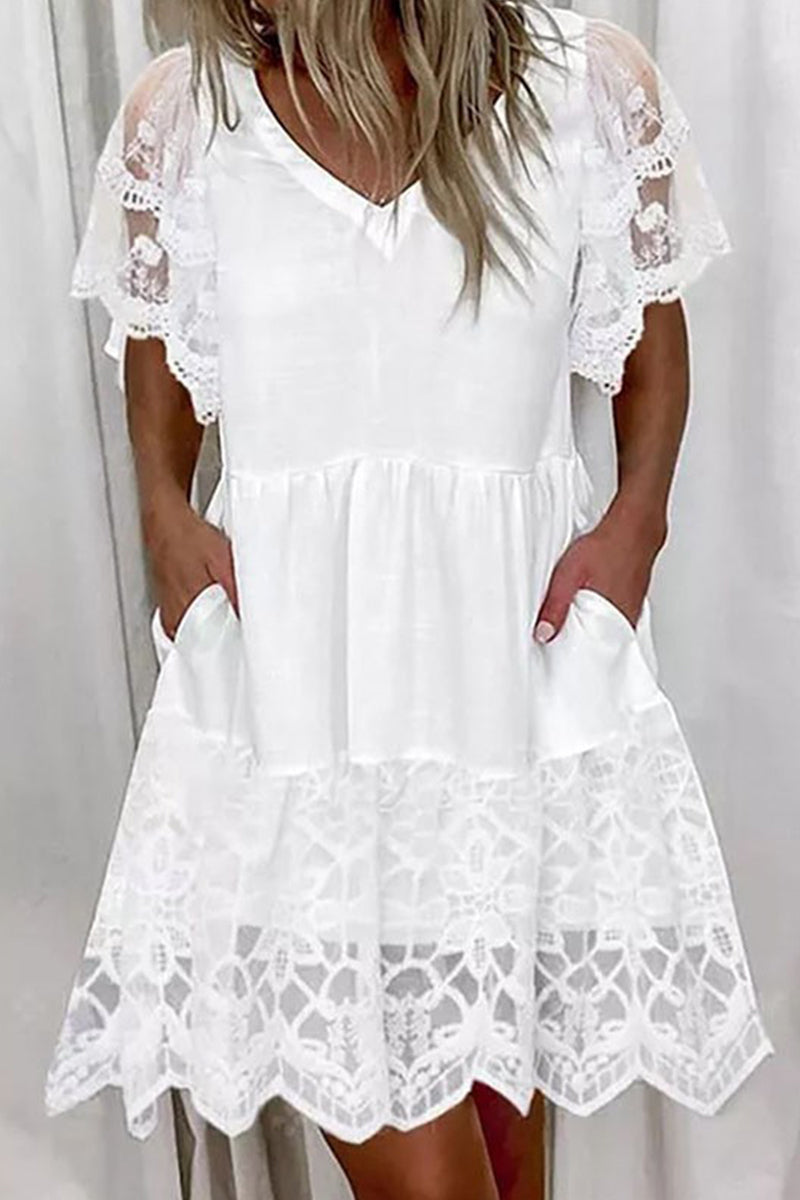 Casual Solid Lace Pocket Fold V Neck A Line Short Sleeve Dress White