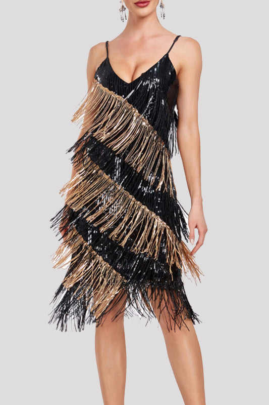 Sexy Party Color Block Tassel Sequins Contrast V Neck Sling Dresses Black