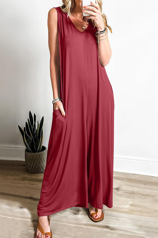 Casual Simplicity Solid Pocket V Neck Loose Jumpsuits Burgundy