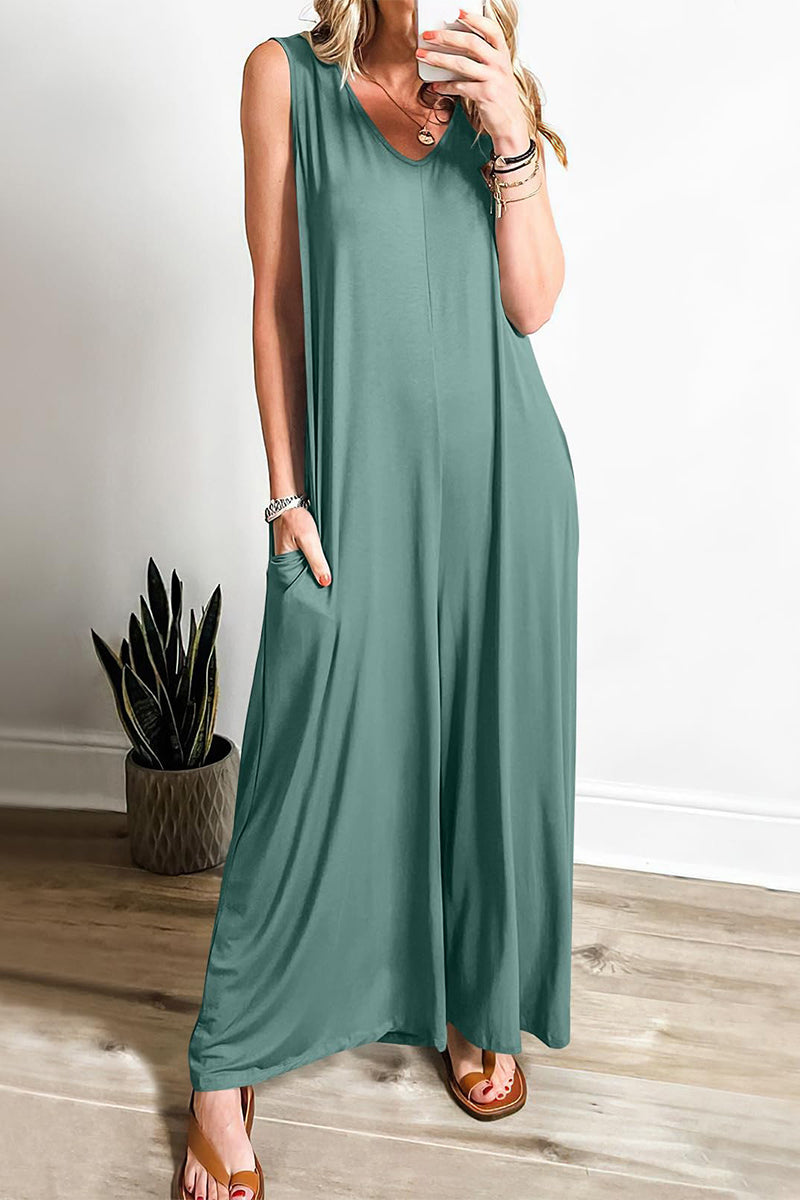 Casual Simplicity Solid Pocket V Neck Loose Jumpsuits Malachite Green