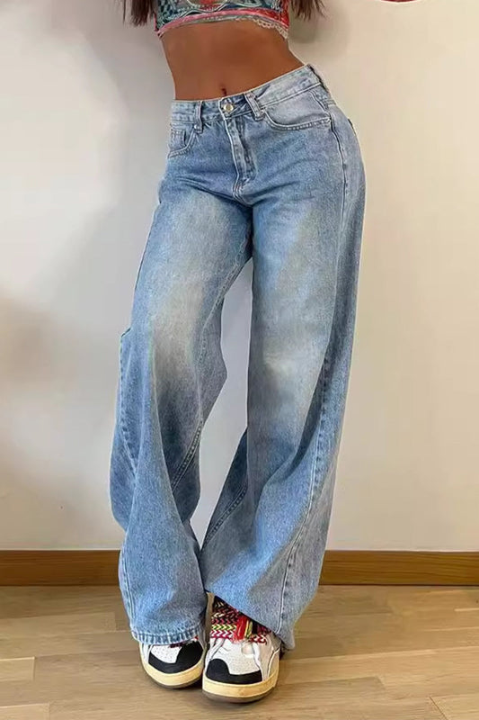 Casual Street Solid Make Old Pocket High Waist Loose Denim Jeans Blue