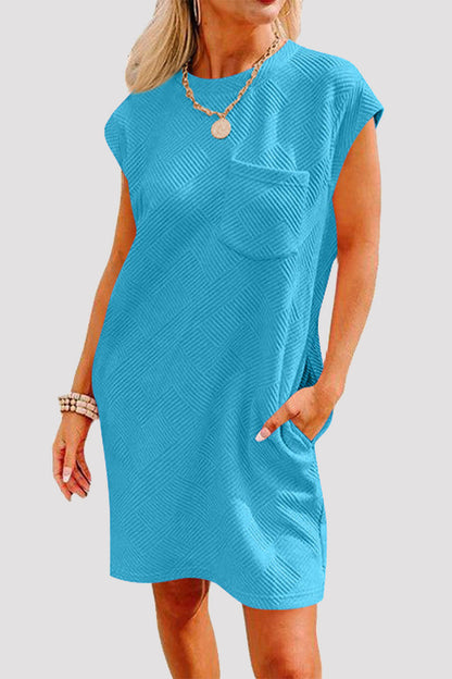 Casual Sportswear Solid Pocket Texture O Neck A Line Short Sleeve Dress Peacock Blue