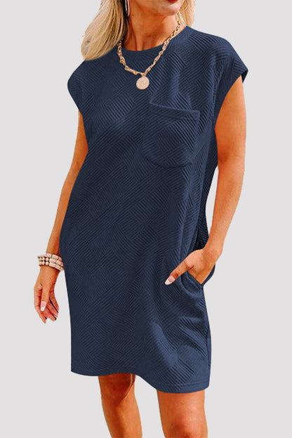 Casual Sportswear Solid Pocket Texture O Neck A Line Short Sleeve Dress Navy Blue