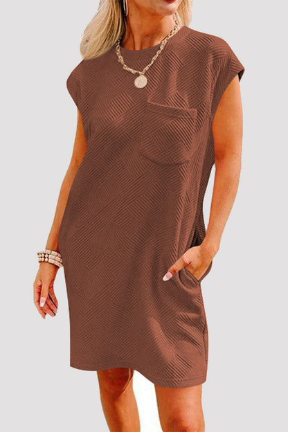 Casual Sportswear Solid Pocket Texture O Neck A Line Short Sleeve Dress Caramel Colour