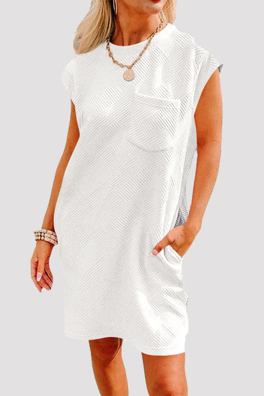 Casual Sportswear Solid Pocket Texture O Neck A Line Short Sleeve Dress White