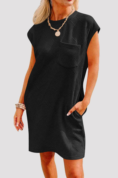 Casual Sportswear Solid Pocket Texture O Neck A Line Short Sleeve Dress Black