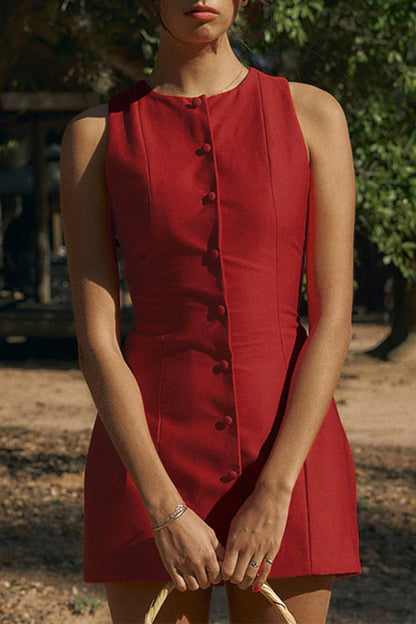 Sexy Solid Buckle O Neck Sleeveless Dresses Red