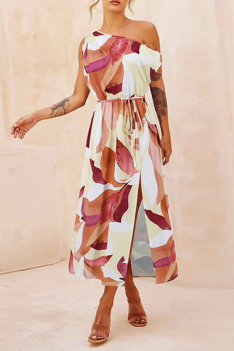 Elegant Floral Draw String Slit Oblique Collar Printed Dresses Apricot