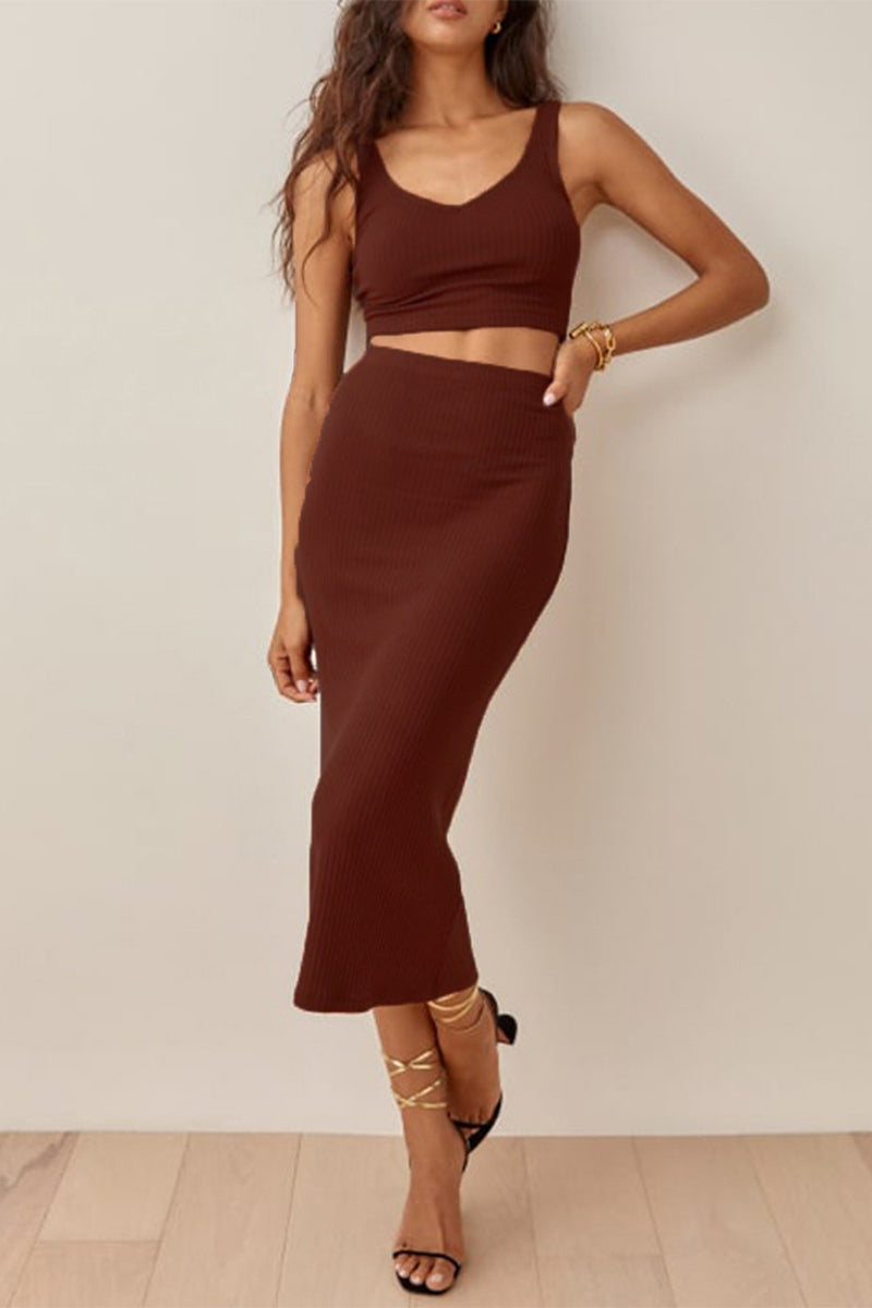 Sexy Solid Backless V Neck Sleeveless Two Pieces Light Brown