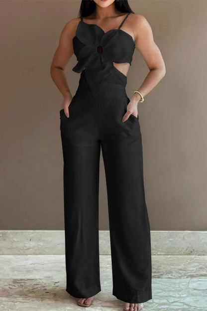 Sexy Casual Solid Bandage Backless Spaghetti Strap Skinny Jumpsuits Black