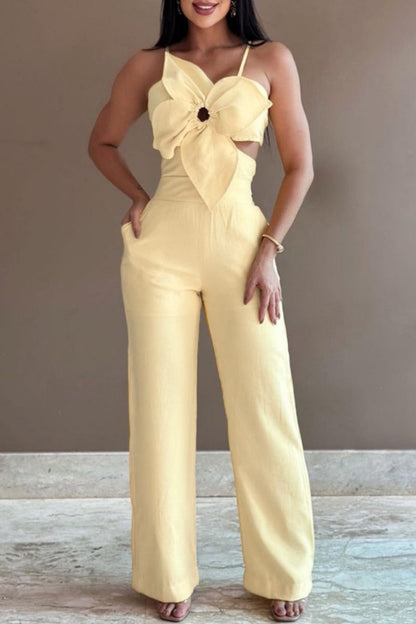 Sexy Casual Solid Bandage Backless Spaghetti Strap Skinny Jumpsuits Yellow