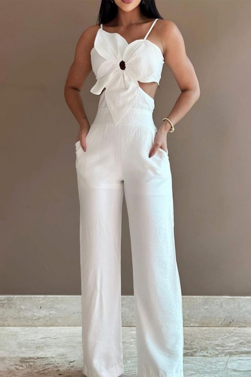 Sexy Casual Solid Bandage Backless Spaghetti Strap Skinny Jumpsuits White