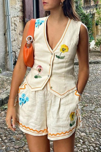 Casual Print Flowers Patchwork Pocket V Neck Sleeveless Two Pieces Apricot