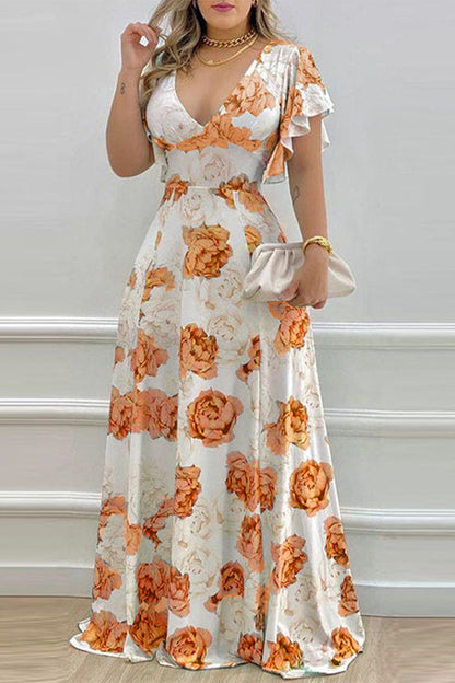 Elegant Print Flowers Flounce V Neck A Line Dresses Orange