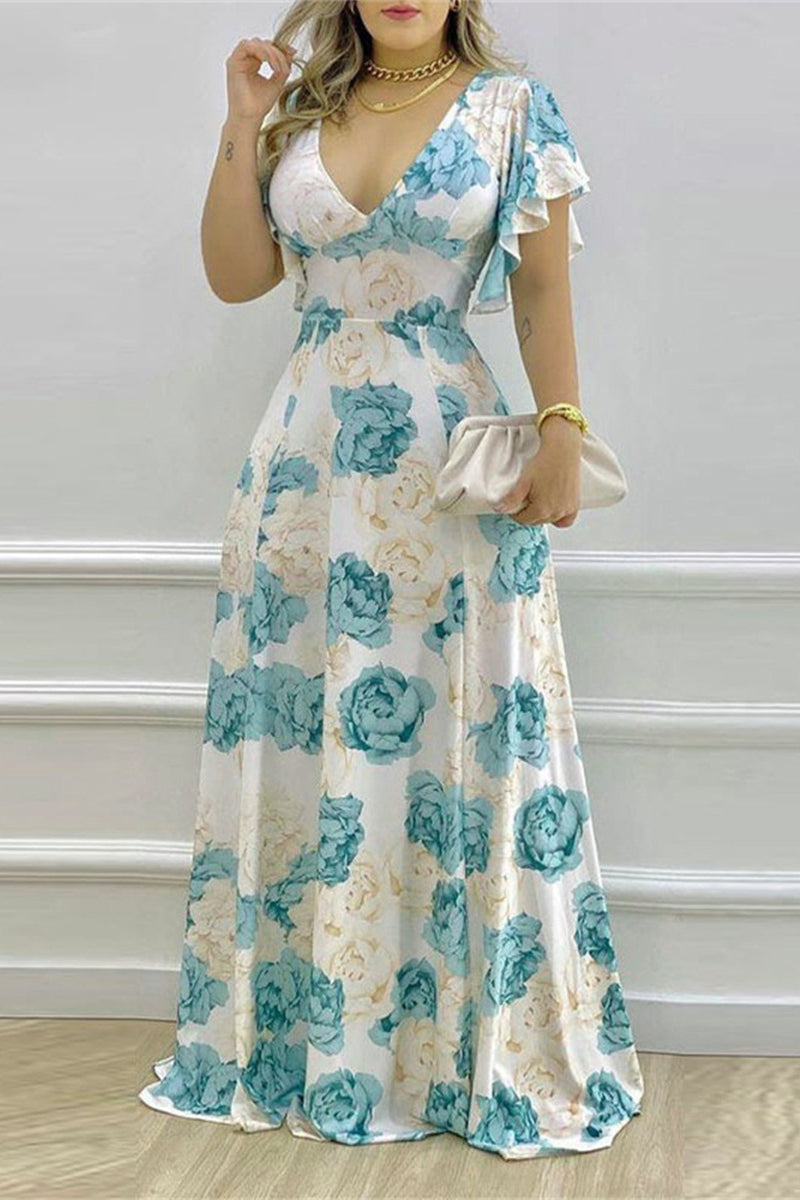 Elegant Print Flowers Flounce V Neck A Line Dresses Cyan