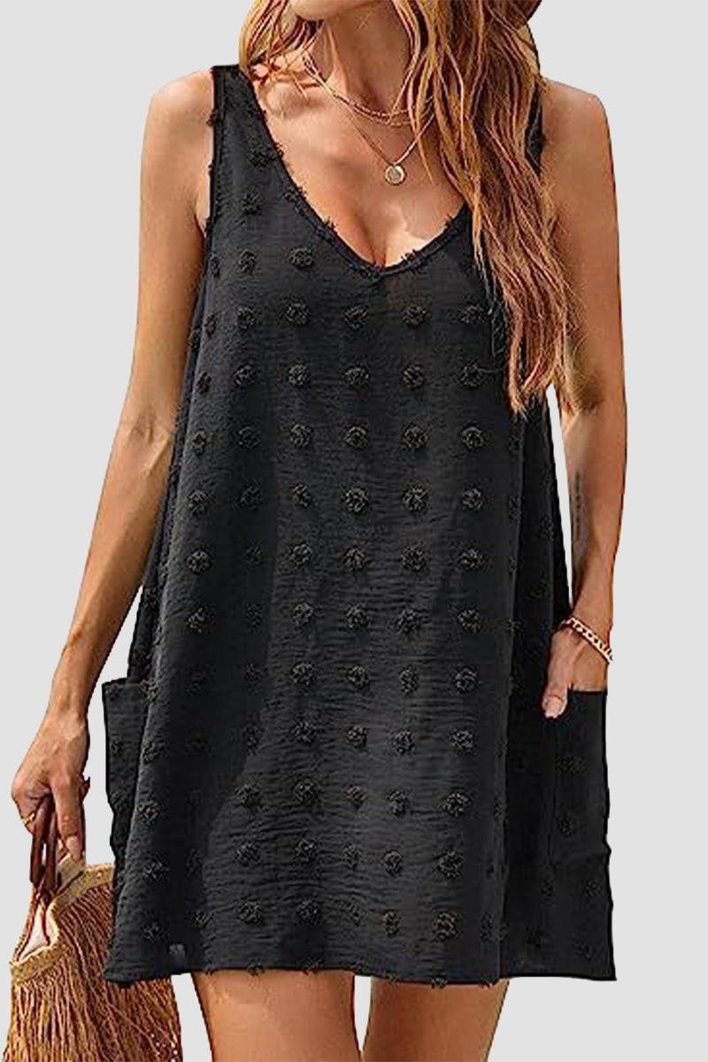 Casual Vacation Solid Jacquard Pocket Fur Ball V Neck Beach Dresses Black