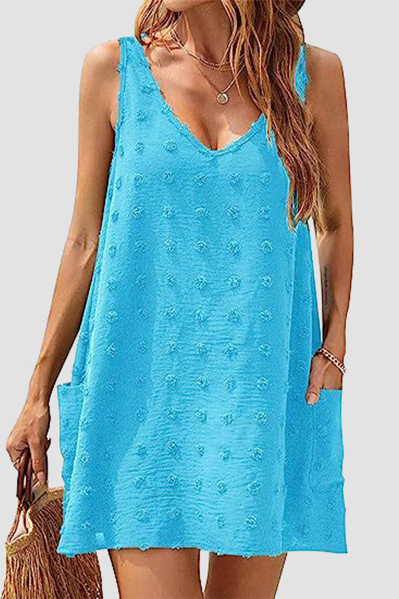 Casual Vacation Solid Jacquard Pocket Fur Ball V Neck Beach Dresses Sky Blue