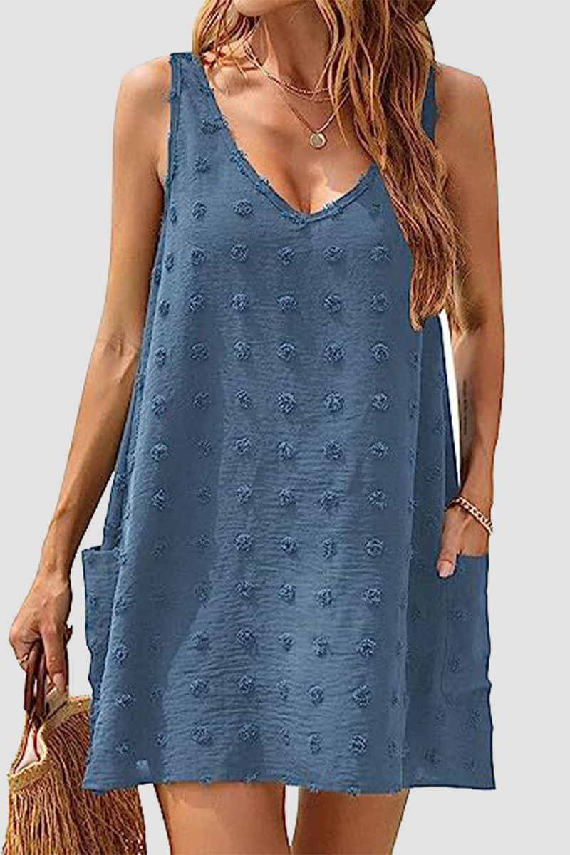 Casual Vacation Solid Jacquard Pocket Fur Ball V Neck Beach Dresses Navy Blue