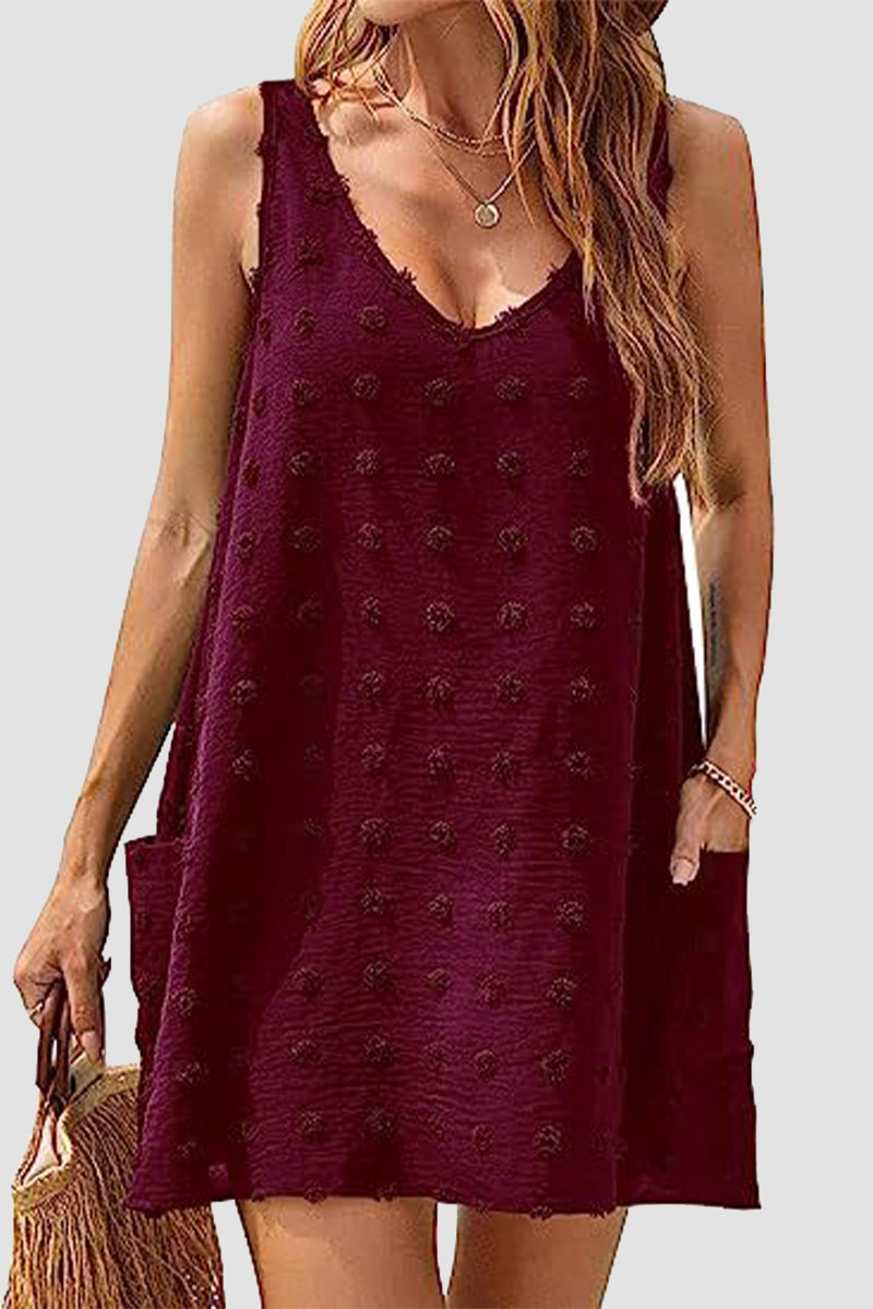 Casual Vacation Solid Jacquard Pocket Fur Ball V Neck Beach Dresses Red