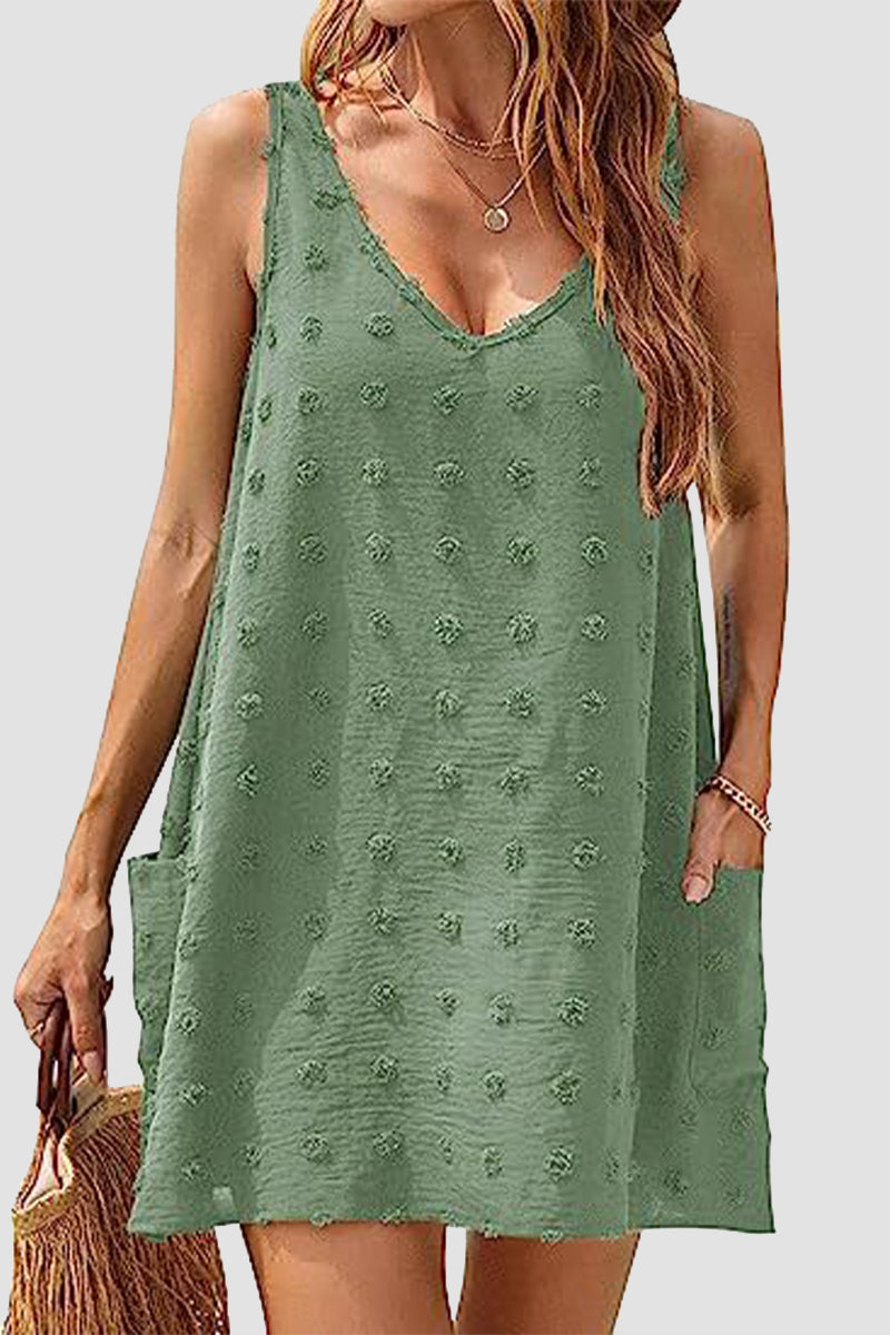 Casual Vacation Solid Jacquard Pocket Fur Ball V Neck Beach Dresses Army Green