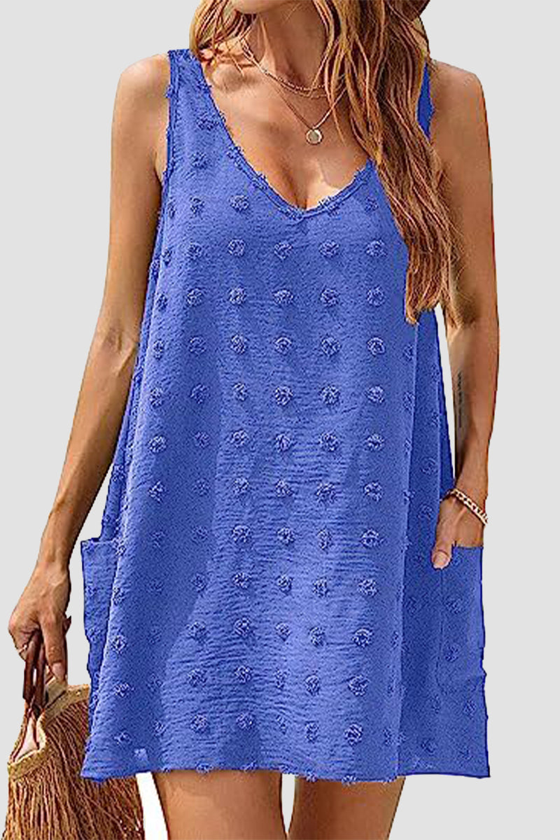 Casual Vacation Solid Jacquard Pocket Fur Ball V Neck Beach Dresses Royal Blue