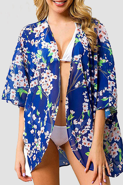 Sexy Vacation Floral Patchwork Swimwears Cover Up Blue