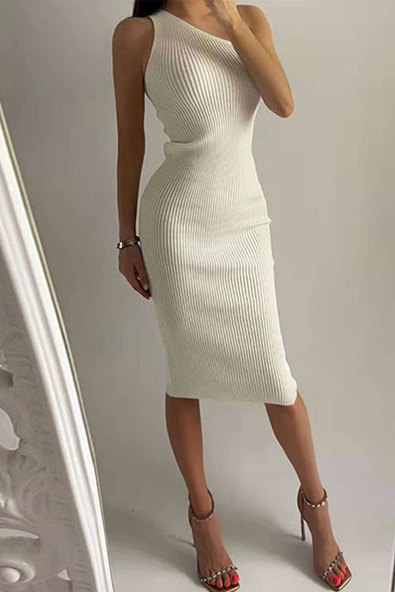 Sexy Solid Oblique Collar Wrapped Skirt Dresses