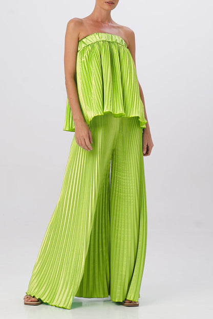 Elegant Solid Pleated Strapless Sleeveless Two Pieces Fluorescent Green